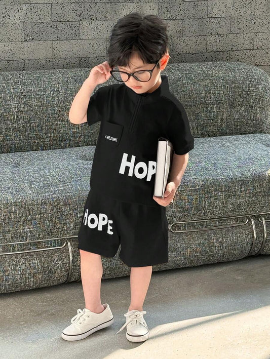 Young Boys Casual Letter Print Short Sleeve T-Shirt And Shorts Black