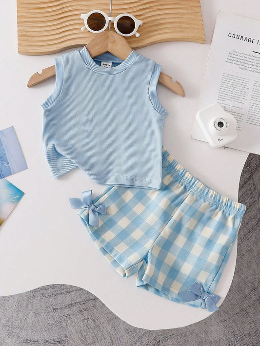 Mummy & Mee, Vintaside Kids Baby Girl Summer Blue Textured Sleeveless Top And Blue Plaid Shorts