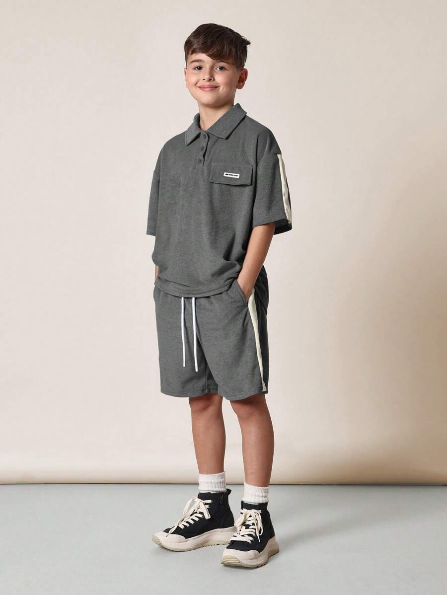 Tween Boys Comfy Boxy Fit Terry Short Sleeve Polo Shirt And Short Dark Grey