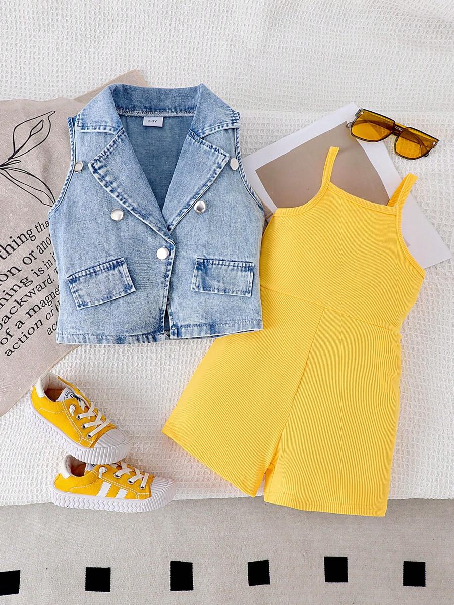 2pcs Young Girl Retro Denim Vest + Overalls Set Yellow