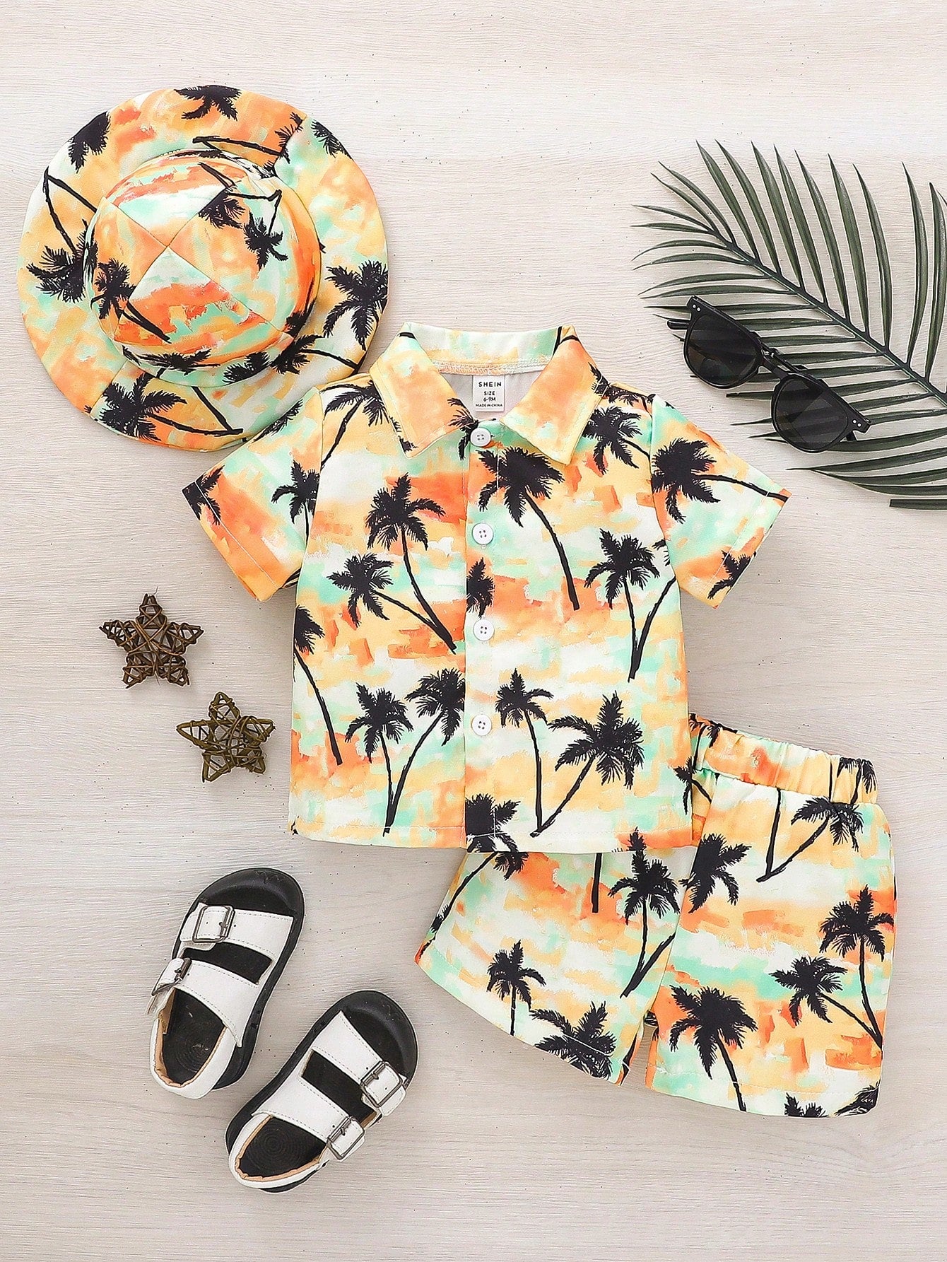 Baby Boys' Fashionable Tropical Plant/Flower Pattern Printed Shirt Collared Top And Shorts With Hat, Multicolor 3