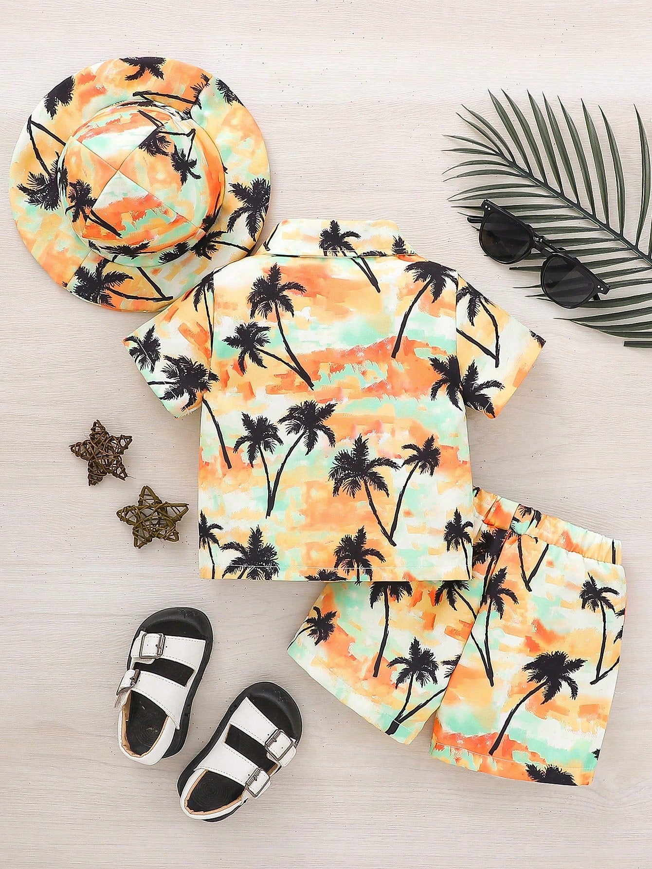 Baby Boys' Fashionable Tropical Plant/Flower Pattern Printed Shirt Collared Top And Shorts With Hat,
