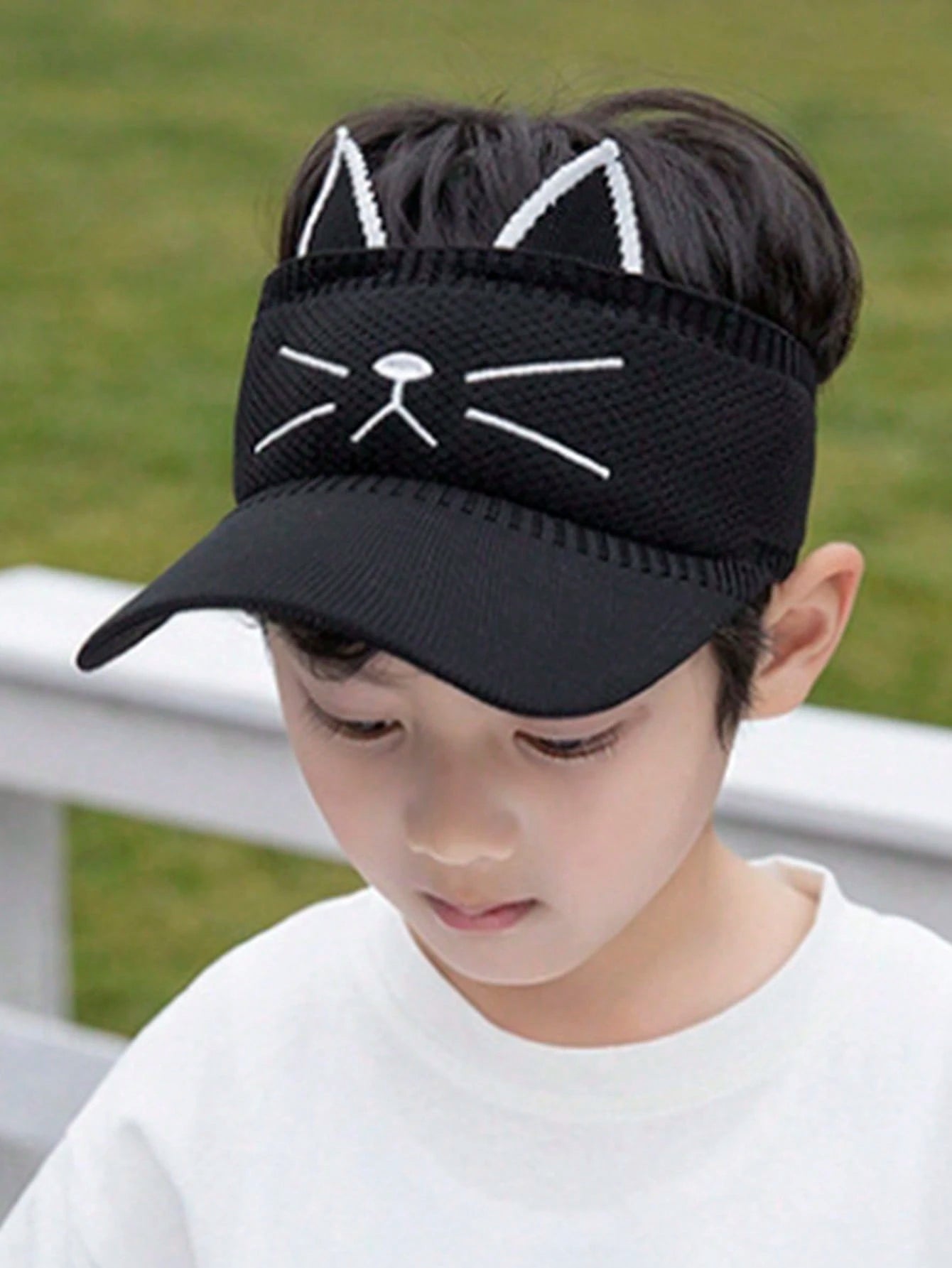 1pc Kid's Knitted Cat Face Embroidery Elastic Beanie Hat Black