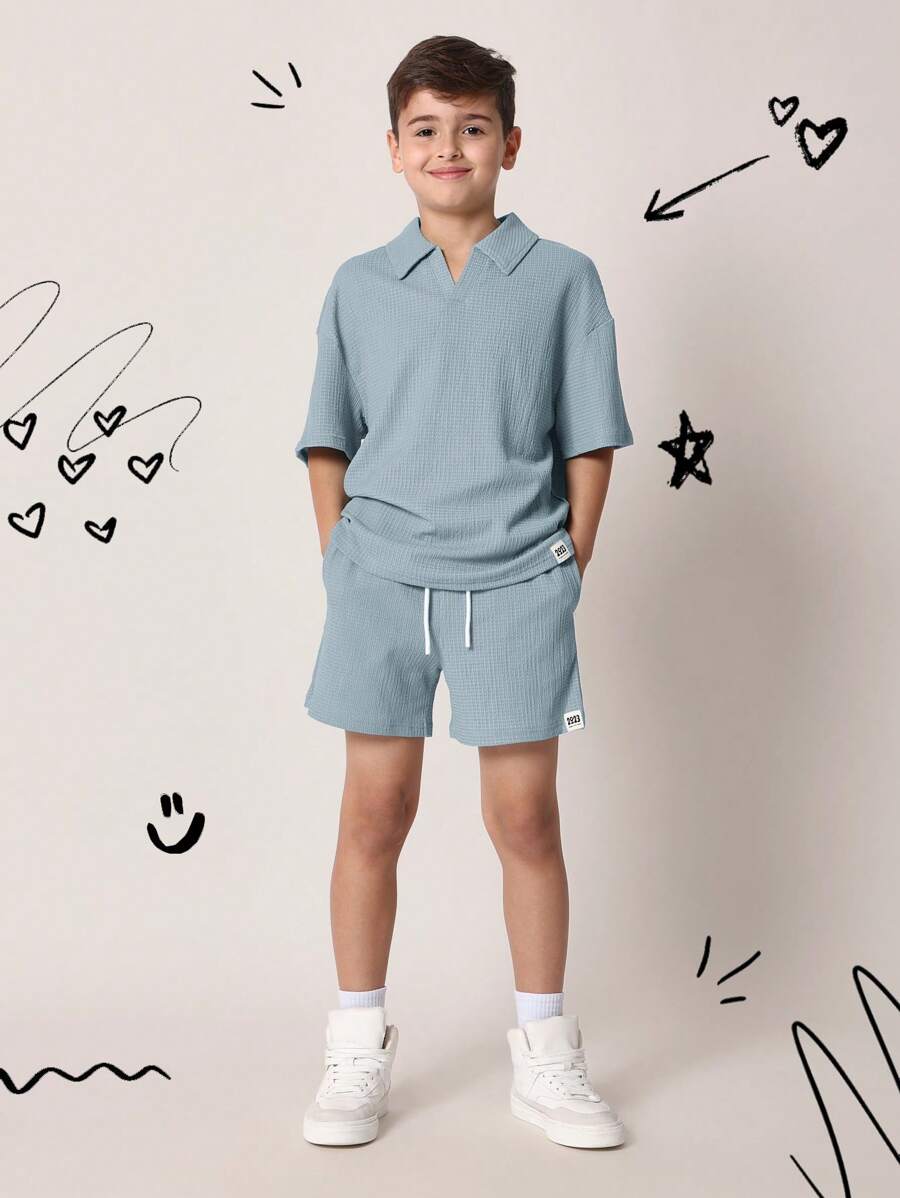 Tween Boys Comfy Regular Fit Textured Short Sleeve Polo Shirt And Short Baby Blue