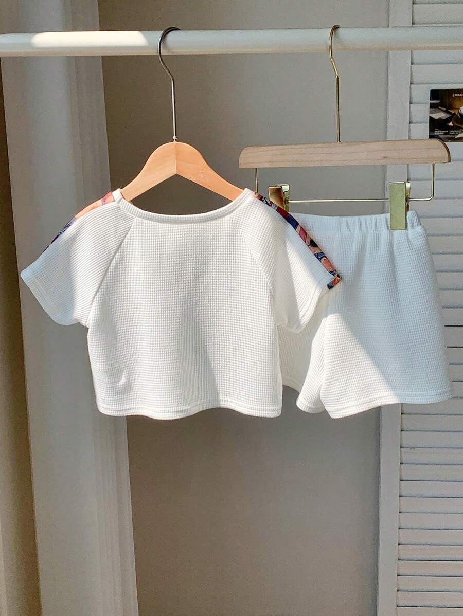 Baby Boy Cute Cartoon Bear Print Colorblock T-Shirt And Shorts Set