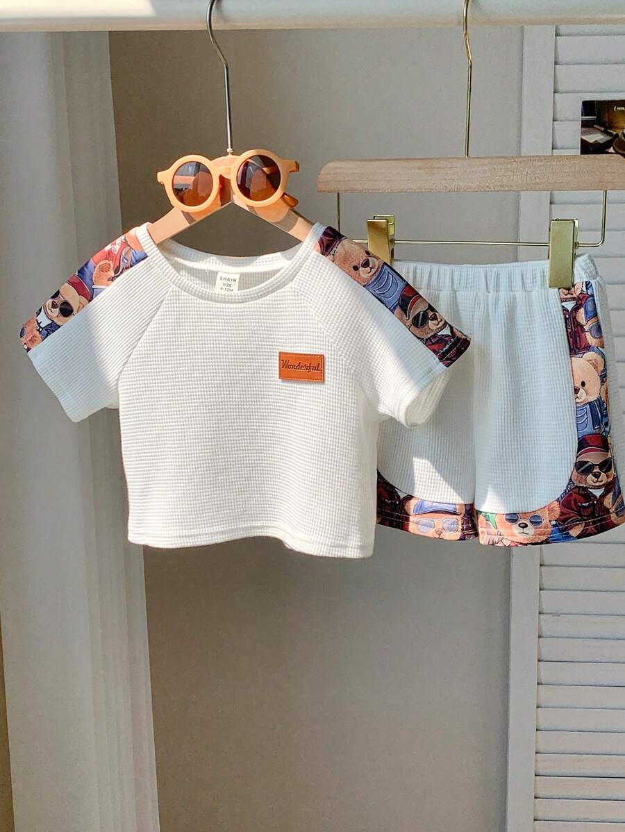Baby Boy Cute Cartoon Bear Print Colorblock T-Shirt And Shorts Set