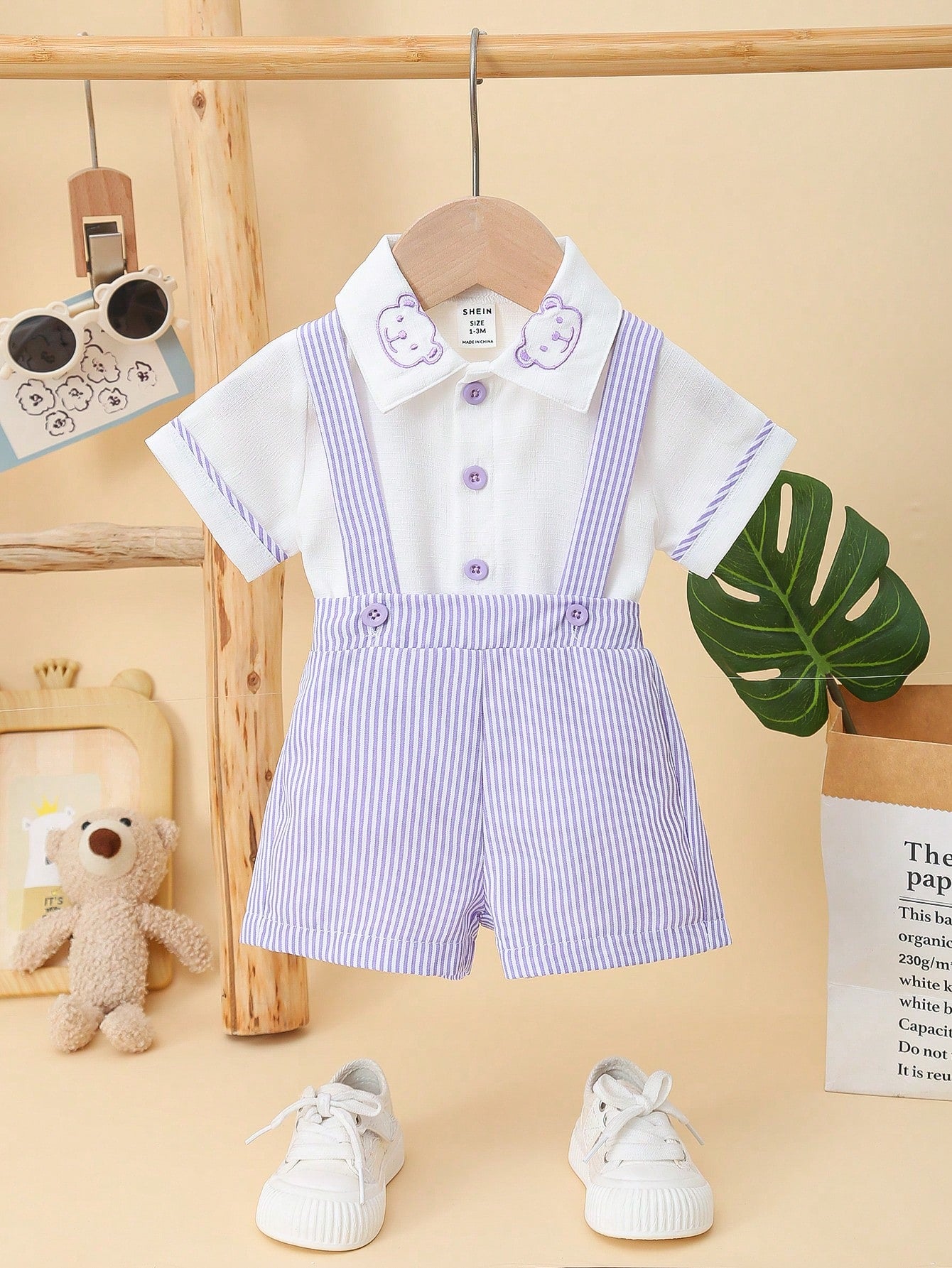 Baby Boys' Bear Printed Decor Short Sleeve T-Shirt And Striped Overalls Set Purple