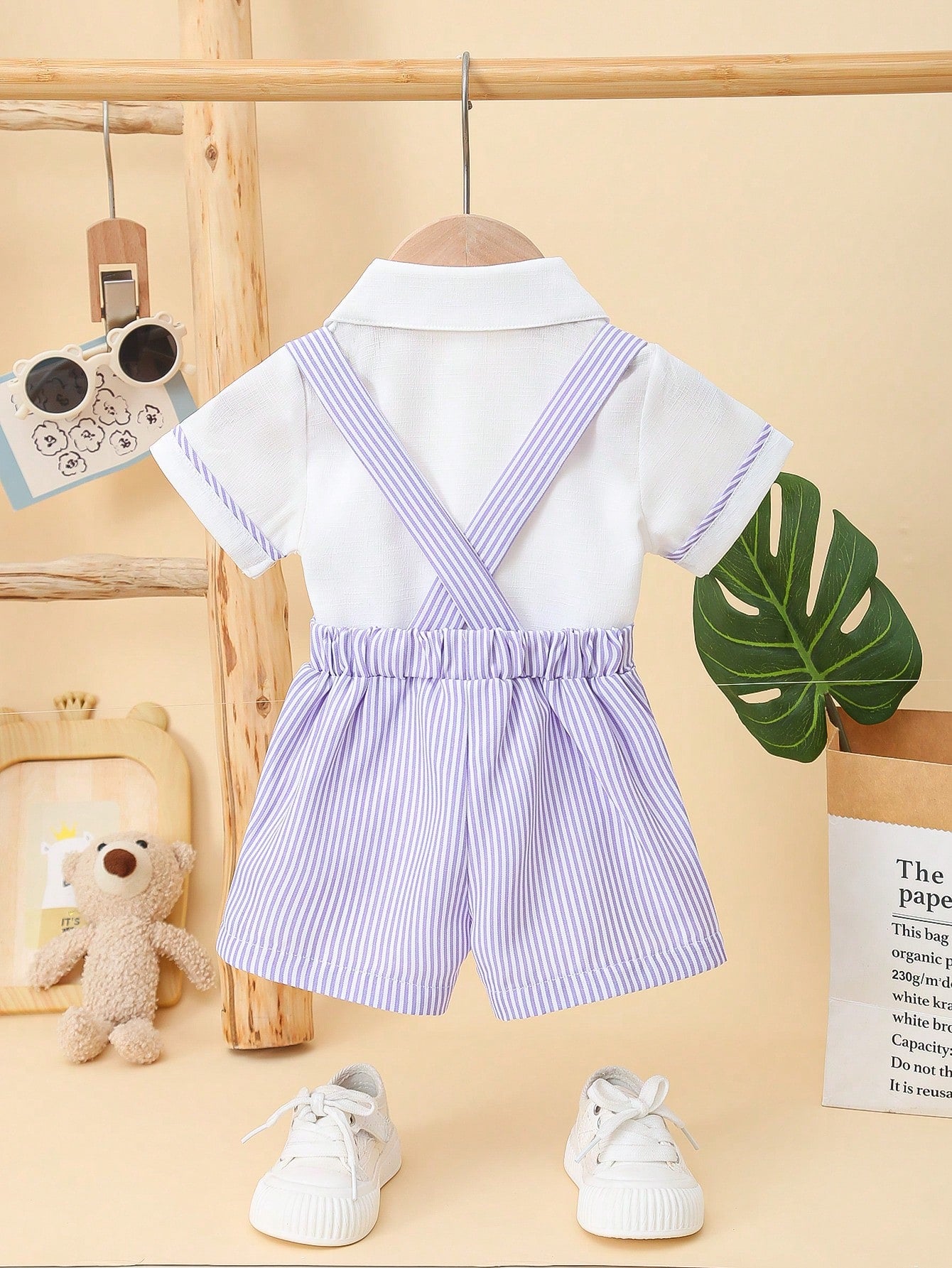 Baby Boys' Bear Printed Decor Short Sleeve T-Shirt And Striped Overalls Set