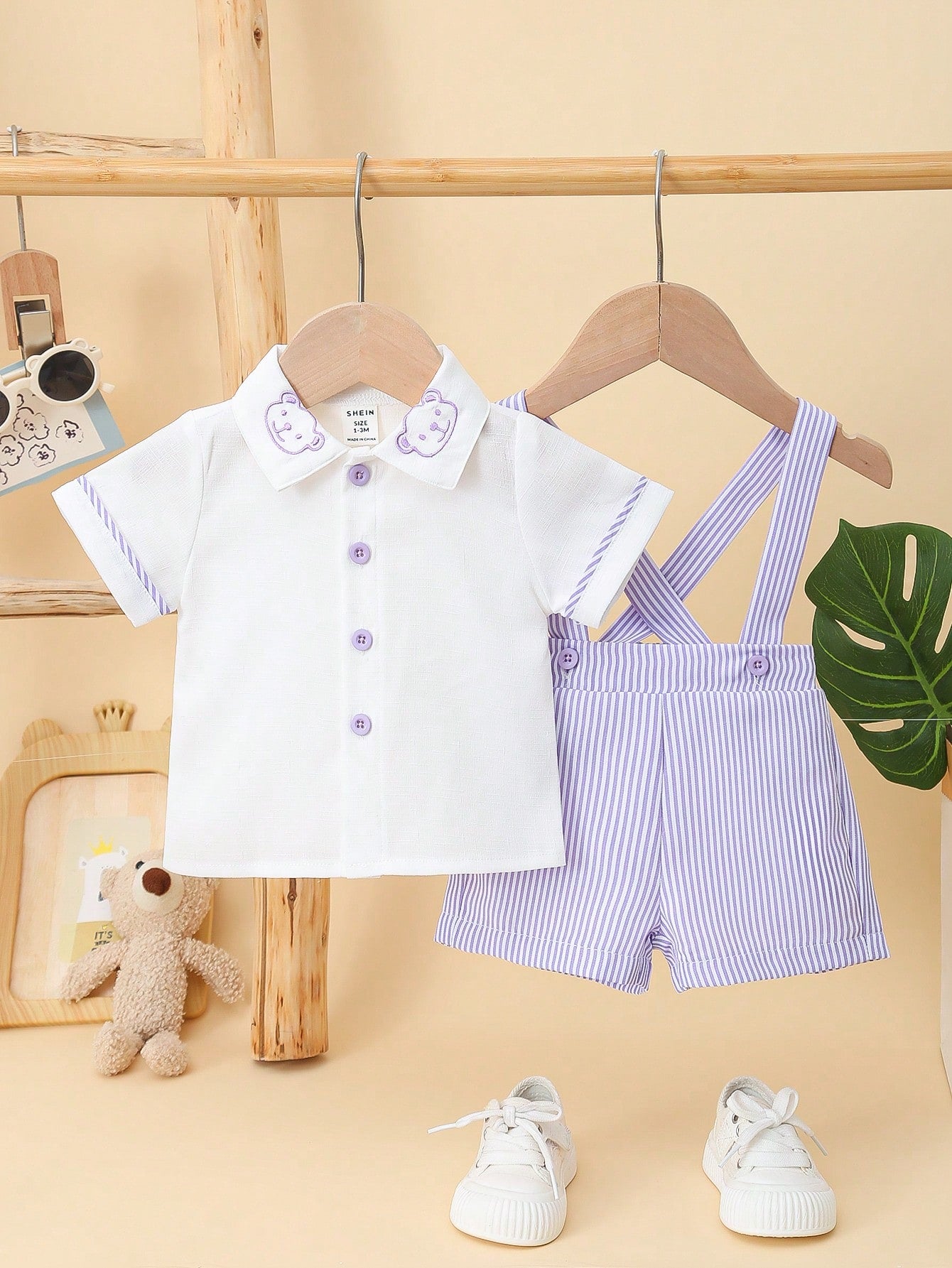 Baby Boys' Bear Printed Decor Short Sleeve T-Shirt And Striped Overalls Set