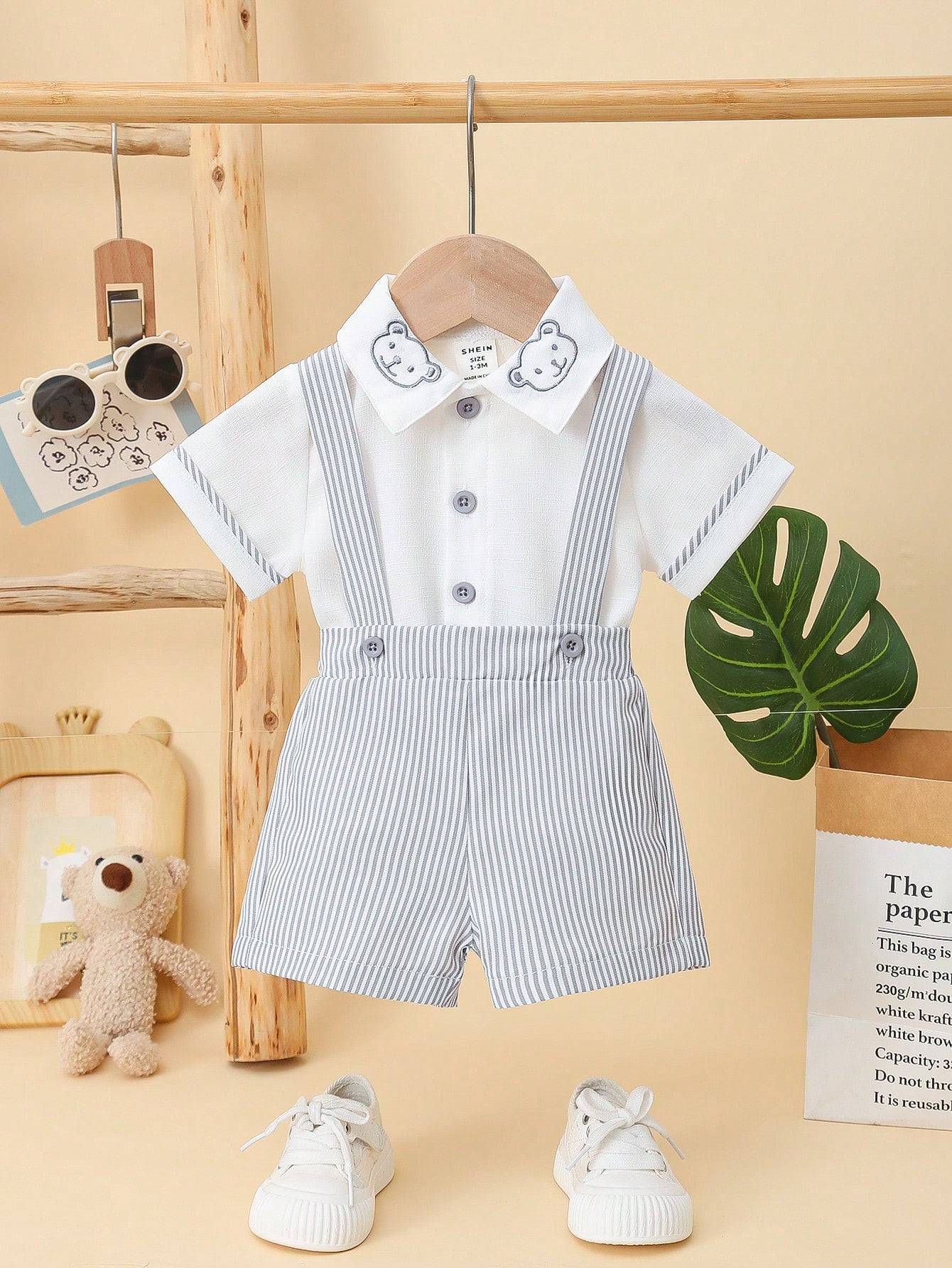 Baby Boys' Bear Printed Decor Short Sleeve T-Shirt And Striped Overalls Set Grey