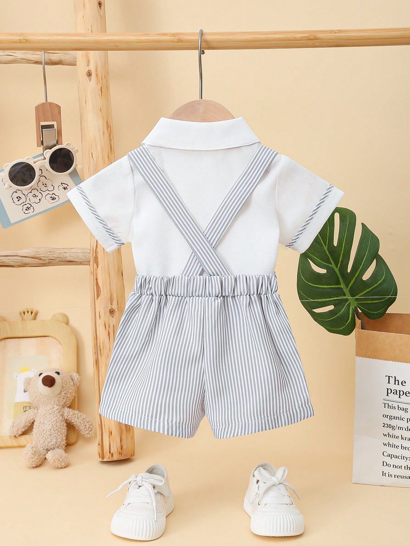 Baby Boys' Bear Printed Decor Short Sleeve T-Shirt And Striped Overalls Set