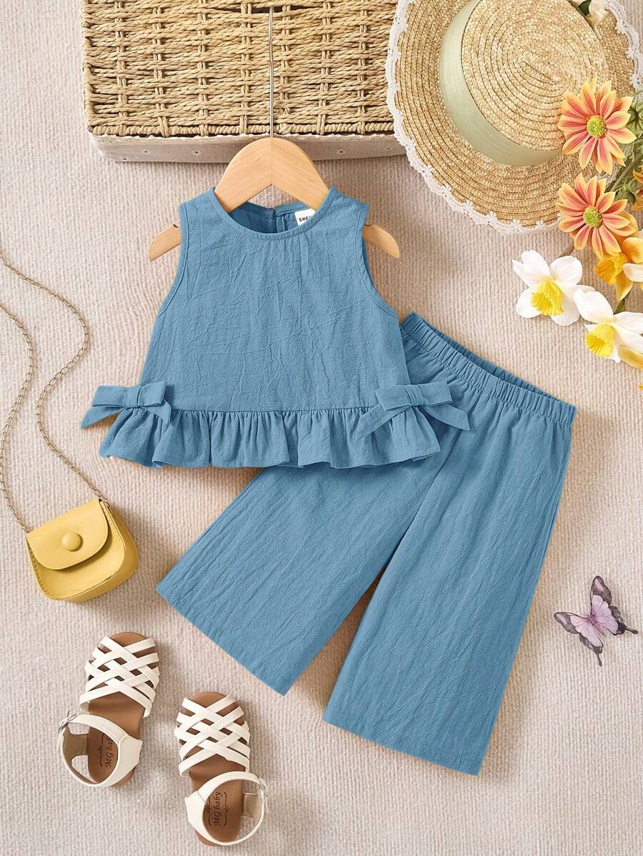 Baby Girl Cute Solid Color Ruffle Hem Camisole & Pants 2Pcs Suit Blue