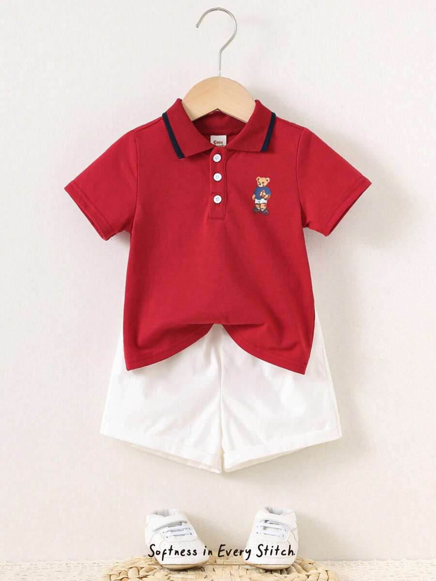 2pcs/Set Baby Boy Cartoon Print Soft Knit Polo Collar Snap Button Shirt And Elastic Waist Shorts
