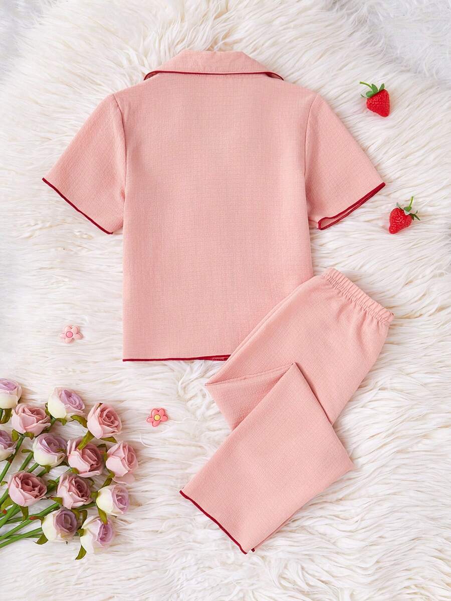 Cherry Embroidery Long Pants And Loose Fit Short Sleeve Home