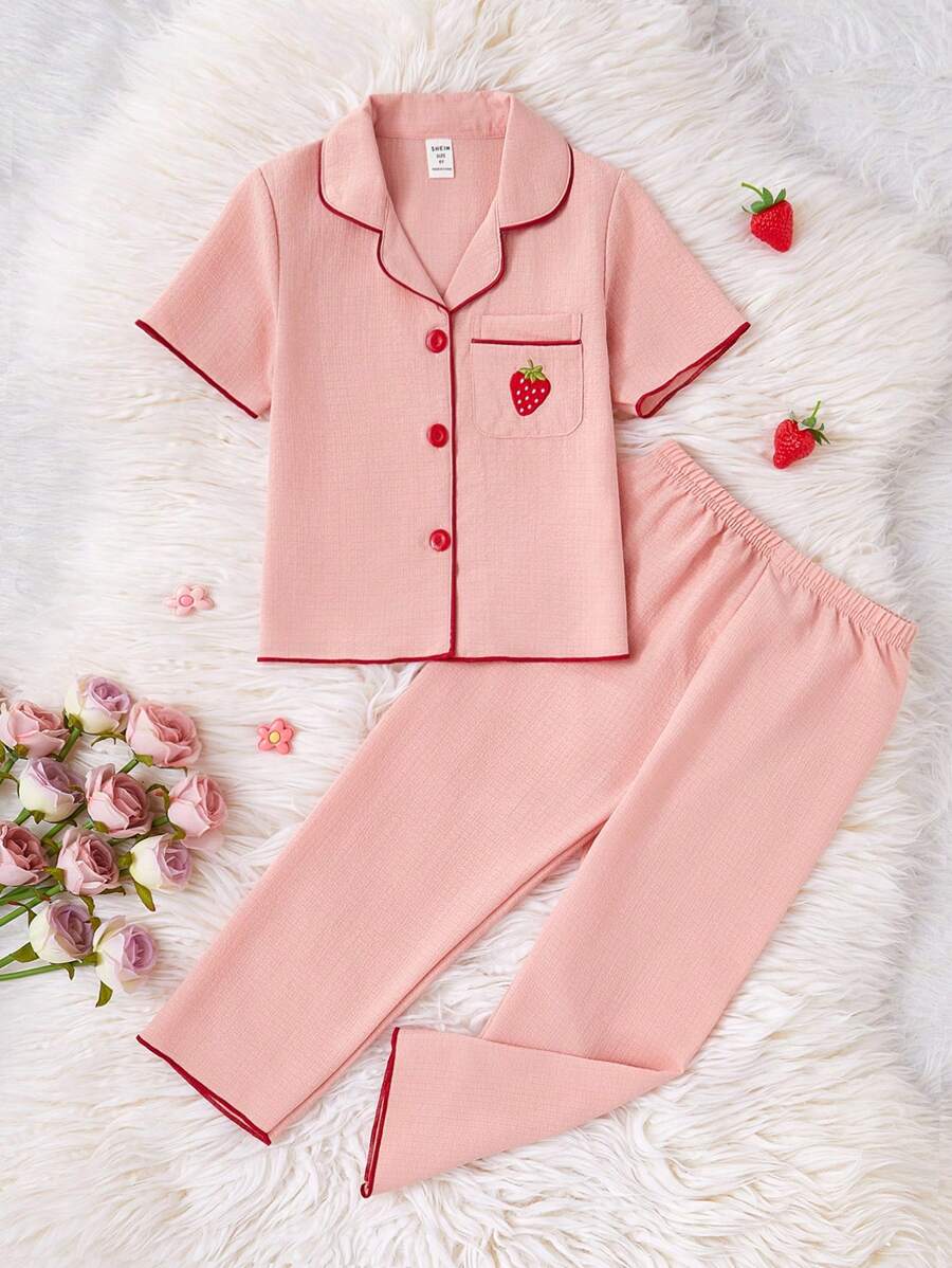 Cherry Embroidery Long Pants And Loose Fit Short Sleeve Home Coral Pink 3