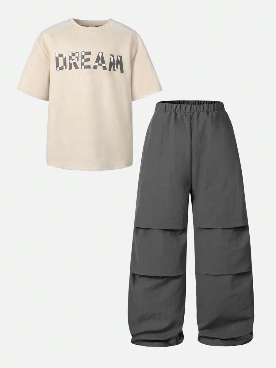 2pcs Tween Boy Letter Print Short Sleeve Top And Solid Color Pants Multicolor 2
