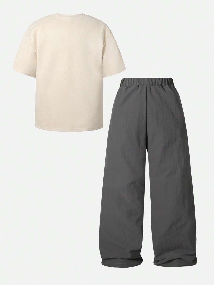 2pcs Tween Boy Letter Print Short Sleeve Top And Solid Color Pants