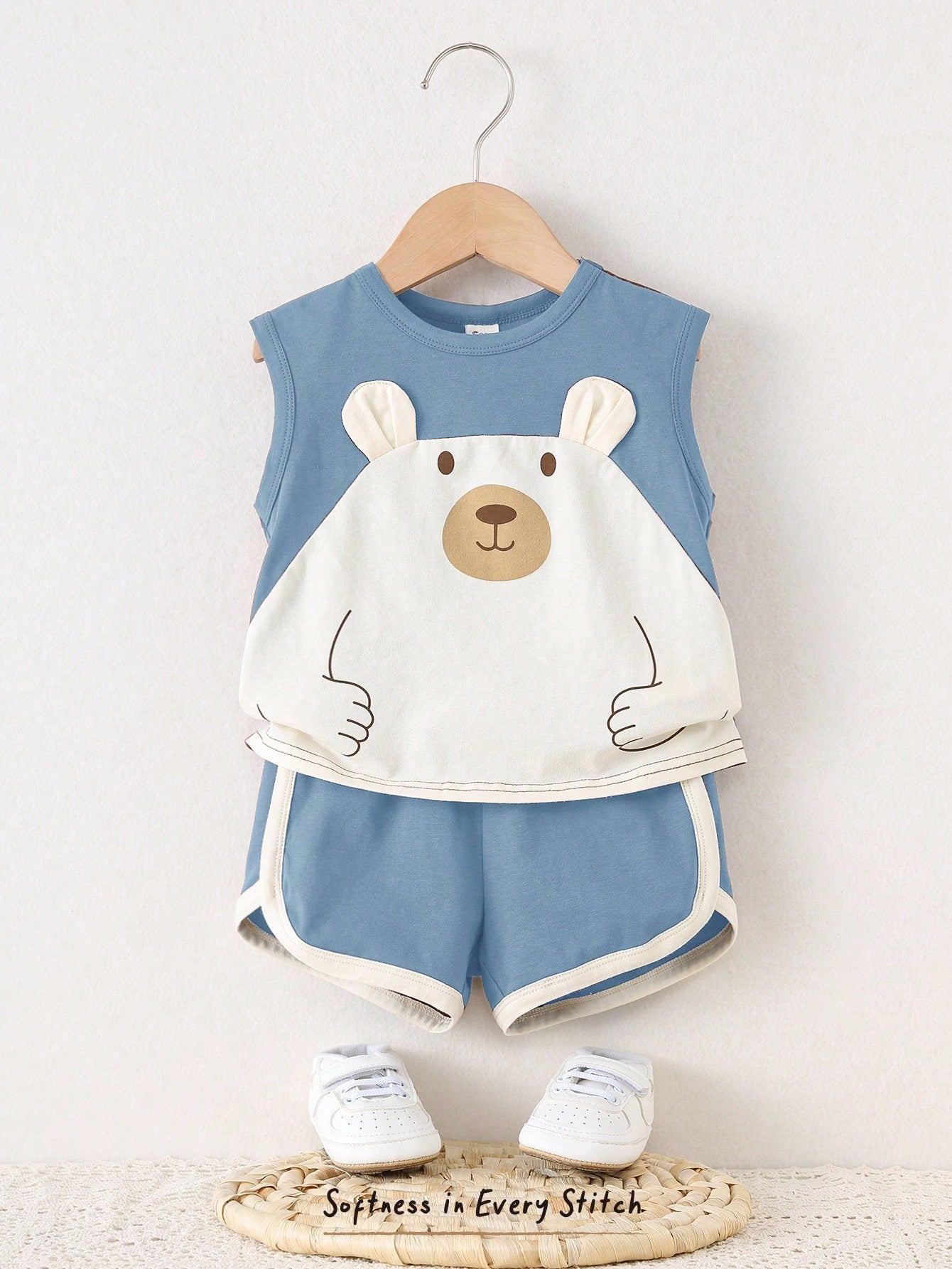 Baby Boy Cartoon Bear Splice Round Neck Sleeveless Top And Shorts Set