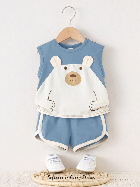 Baby Boy Cartoon Bear Splice Round Neck Sleeveless Top And Shorts Set