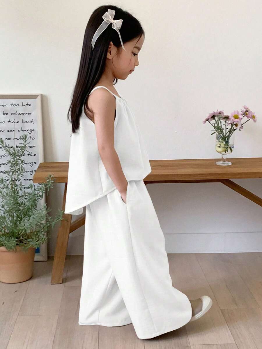 Young Girl Solid Color Pleated Loose Halter Tank Top And Pants