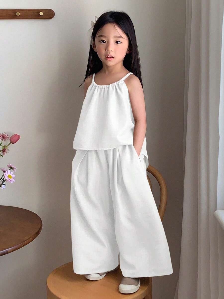 Young Girl Solid Color Pleated Loose Halter Tank Top And Pants White