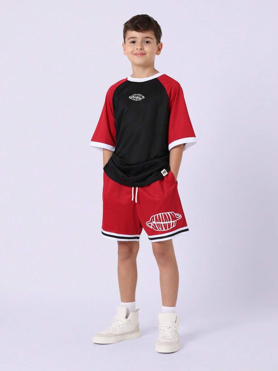 Tween Boys Comfy Oversized Fit Raglan Contrast Short Sleeve Tee And Short Red