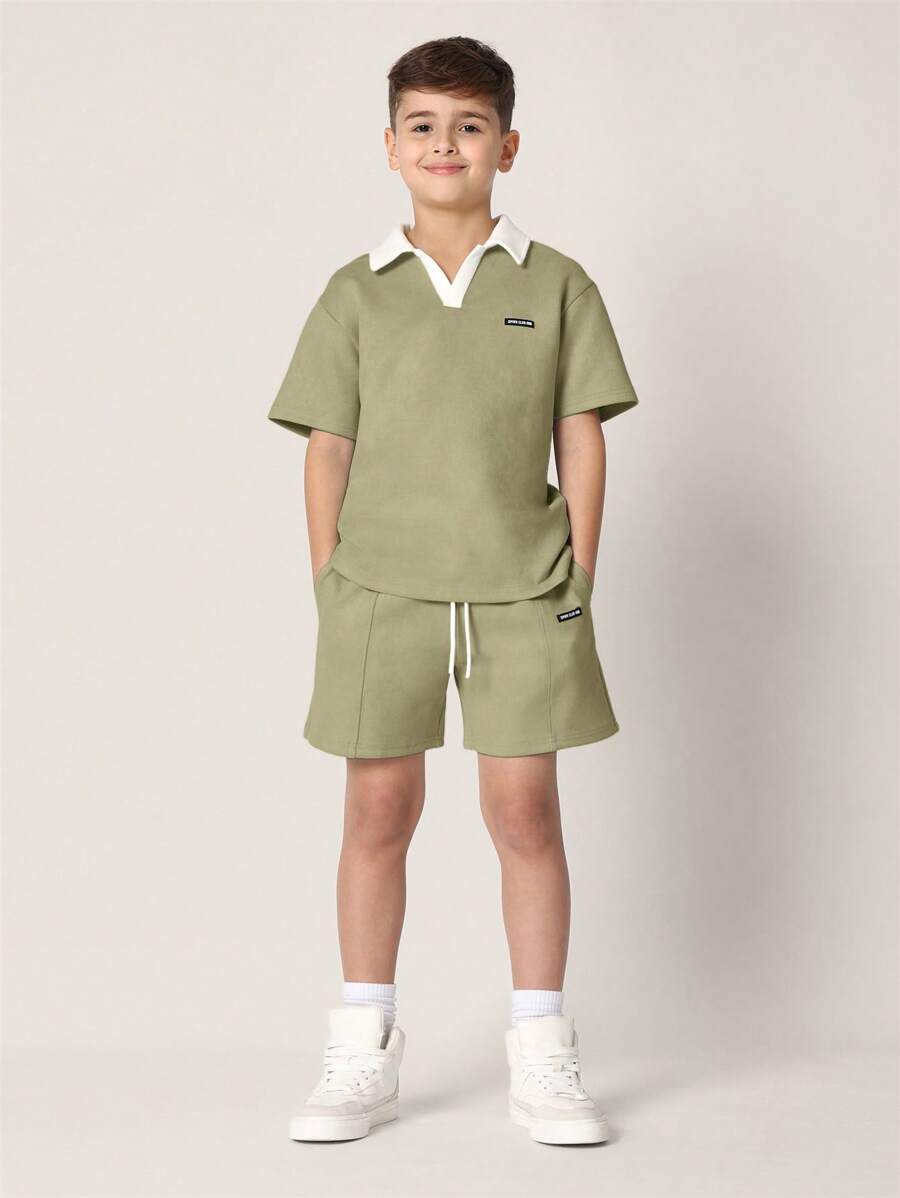 Tween Boys Comfy Regular Fit Suedette Contrast Collar Polo Top And Short Green