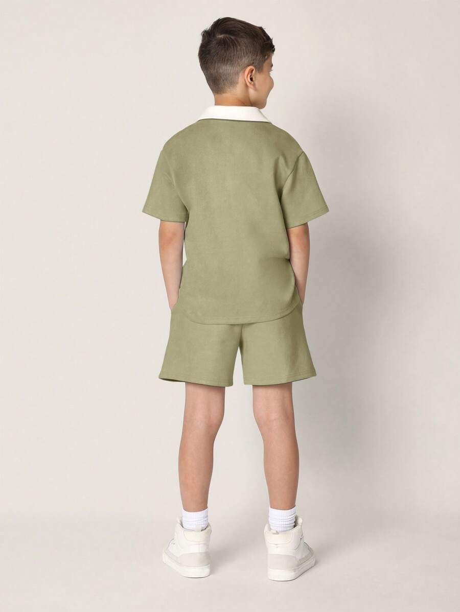Tween Boys Comfy Regular Fit Suedette Contrast Collar Polo Top And Short