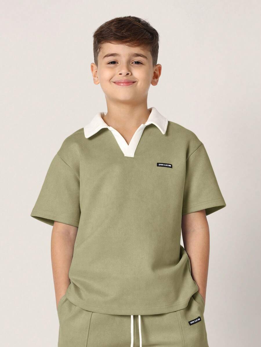 Tween Boys Comfy Regular Fit Suedette Contrast Collar Polo Top And Short