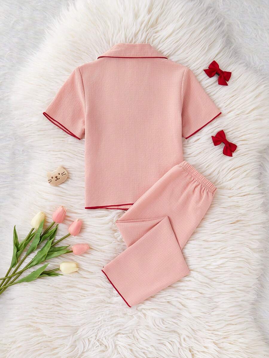 Cherry Embroidery Long Pants And Loose Fit Short Sleeve Home