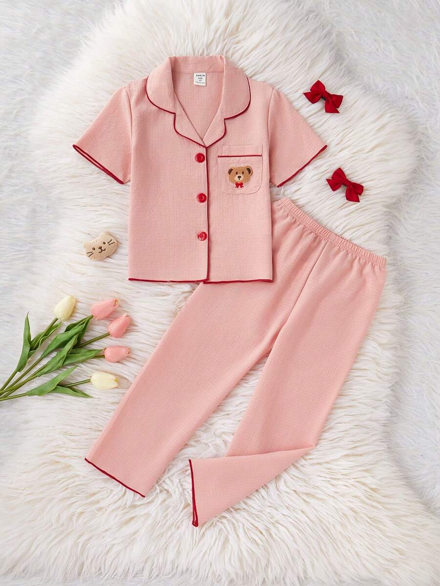 Cherry Embroidery Long Pants And Loose Fit Short Sleeve Home Coral Pink 4