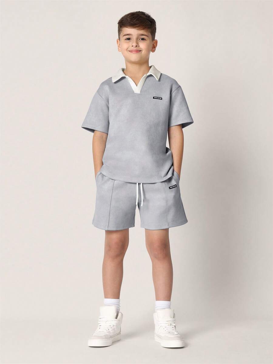 Tween Boys Comfy Regular Fit Suedette Contrast Collar Polo Top And Short Light grey