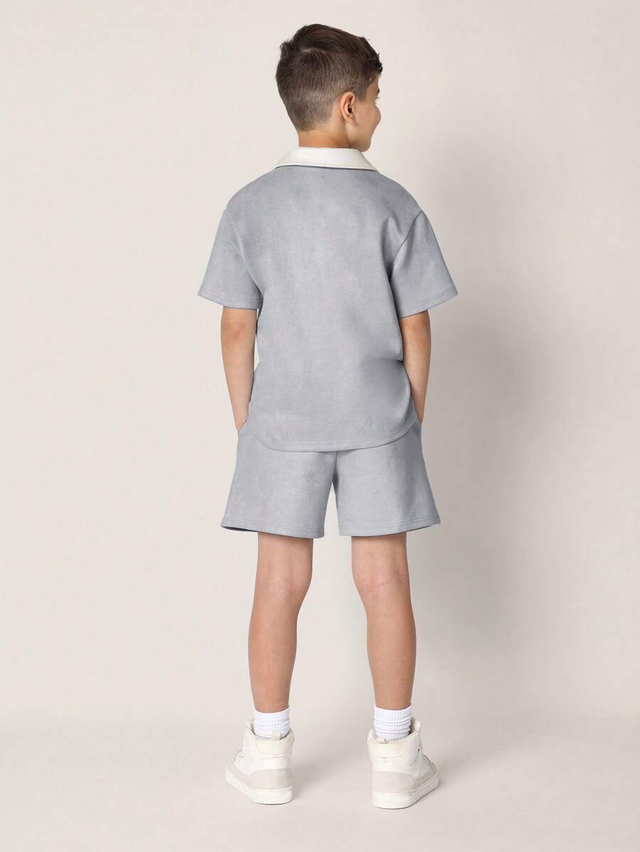 Tween Boys Comfy Regular Fit Suedette Contrast Collar Polo Top And Short