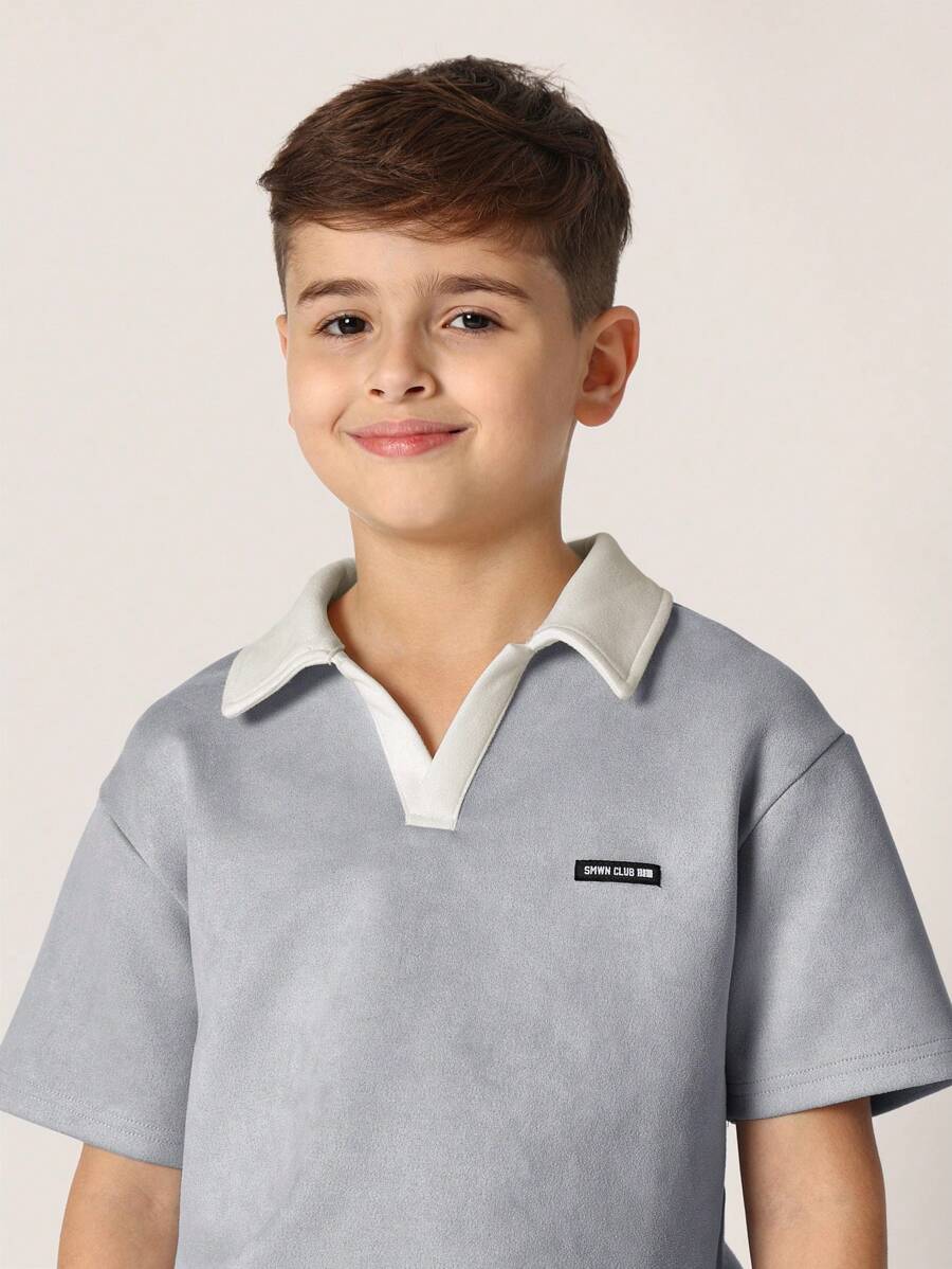 Tween Boys Comfy Regular Fit Suedette Contrast Collar Polo Top And Short