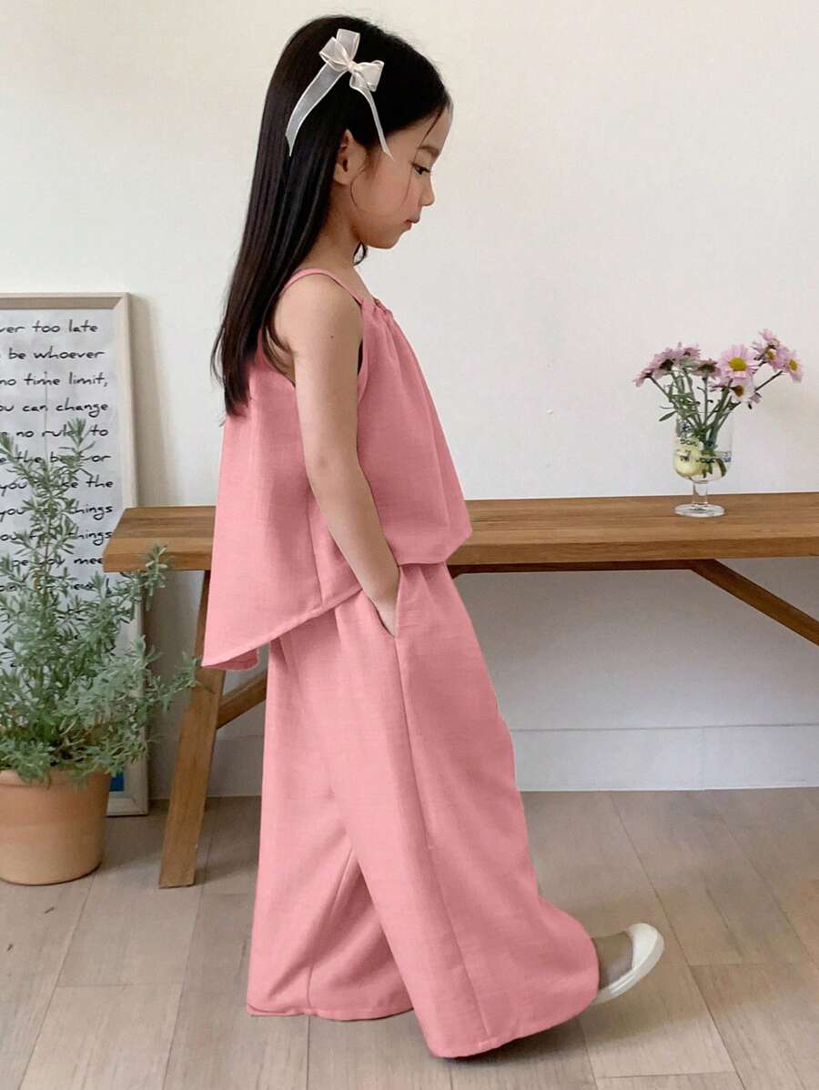 Young Girl Solid Color Pleated Loose Halter Tank Top And Pants