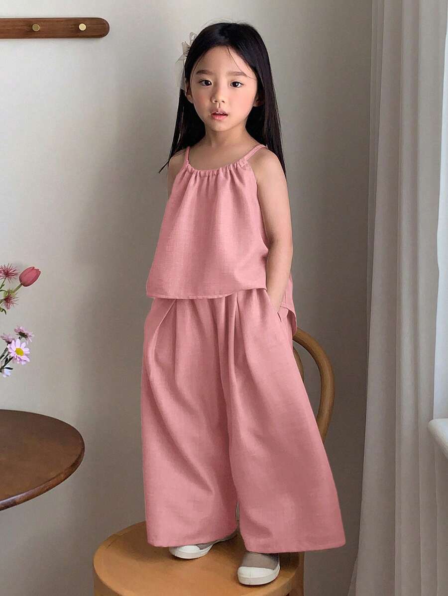 Young Girl Solid Color Pleated Loose Halter Tank Top And Pants Pink