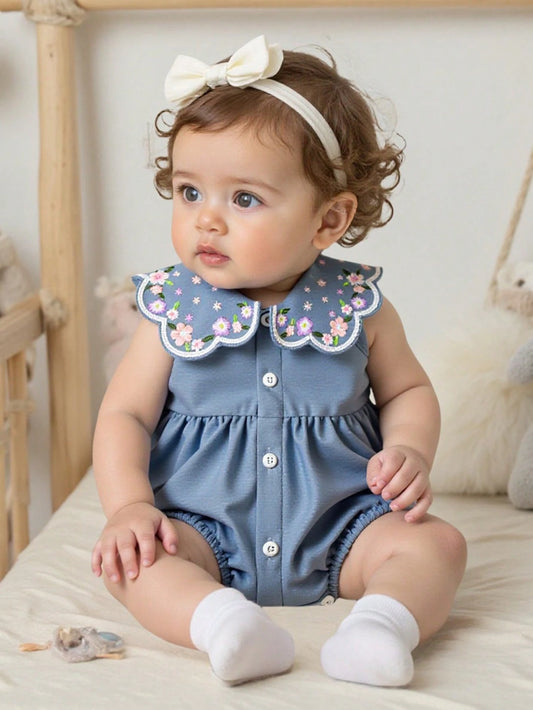 Mummy & Mee, Playful Pals Baby Girls' Casual Everyday Blue Ruffle Collar Embroidered