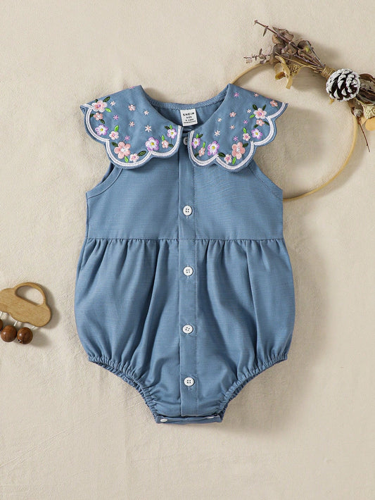 Mummy & Mee, Playful Pals Baby Girls' Casual Everyday Blue Ruffle Collar Embroidered