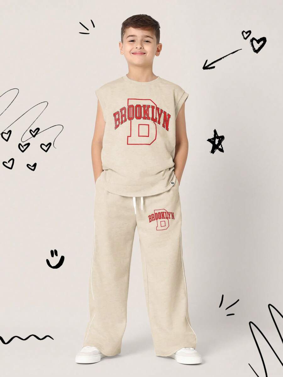 Tween Boys Comfy Regular Fit Tank Top And Loose Fit Sweatpants Camel