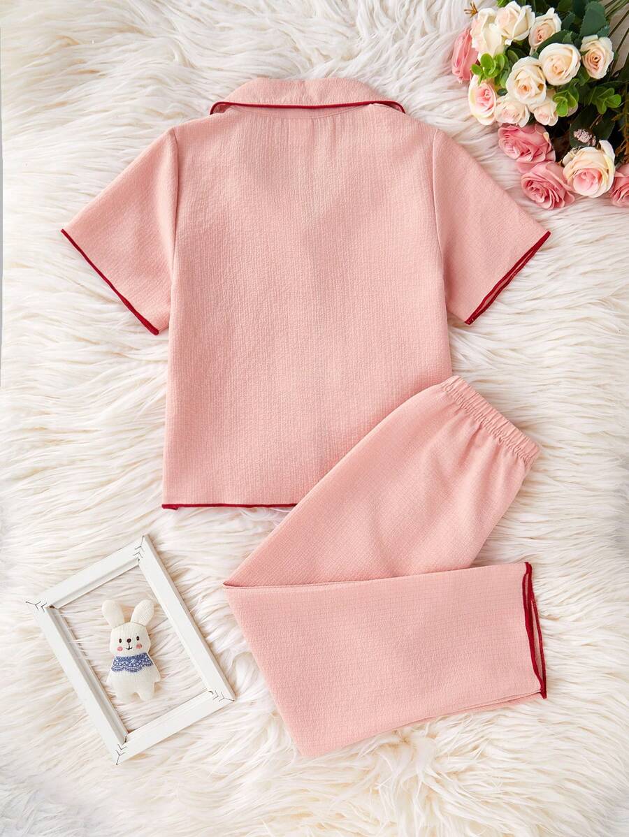 Cherry Embroidery Long Pants And Loose Fit Short Sleeve Home