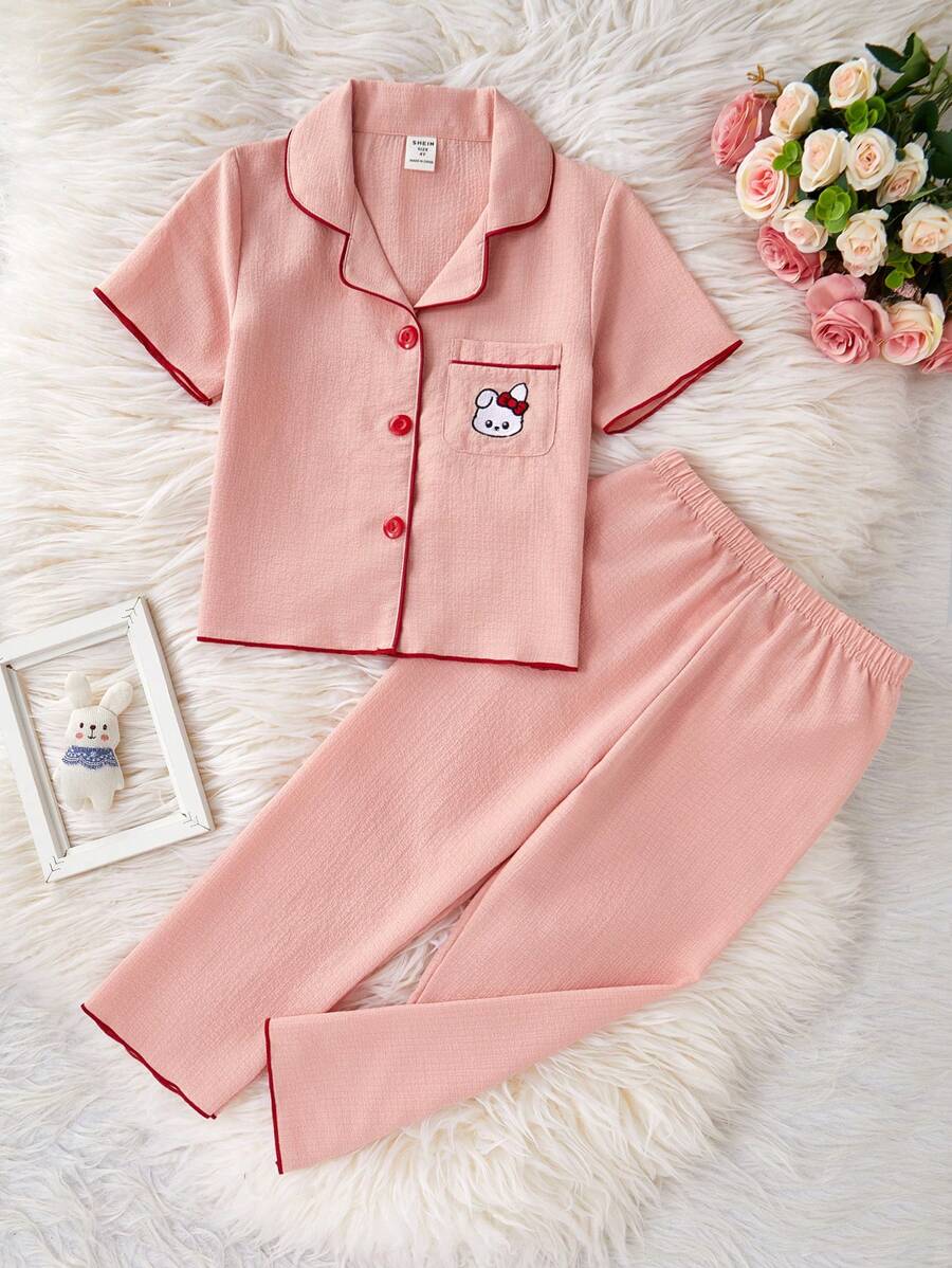 Cherry Embroidery Long Pants And Loose Fit Short Sleeve Home Coral Pink 2