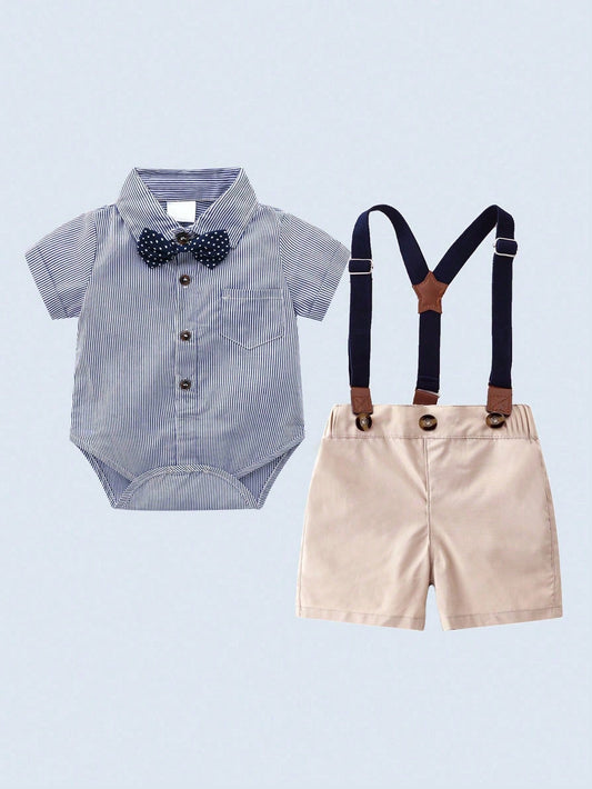 Mummy & Mee, BOARNSEORL 2pcs Baby Boys Gentleman Outfit - Striped Short Sleeve Shirt With Bow Tie And Khaki Pants