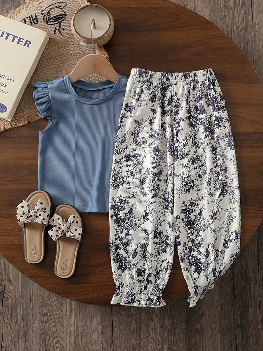Mummy & Mee, Vintaside Kids 2pcs Girls Vintage Elegant Casual Cap Sleeve Top Tee + Floral Print Ruffled Hem Pants Fashion Set, For Summer Holiday