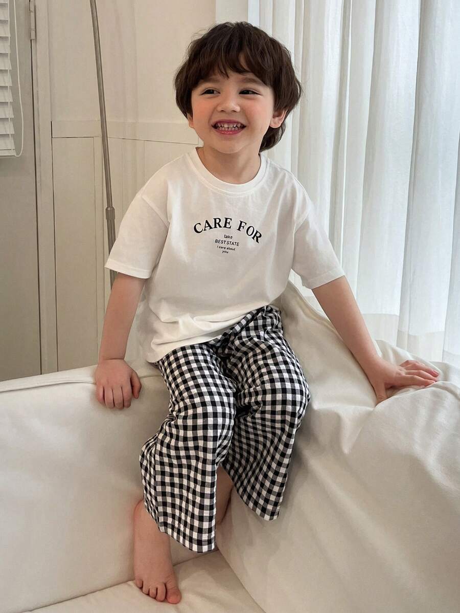 Toddler Boys Round Neck Letter Print Short Sleeve Knit T-Shirt & Woven Plaid Pants