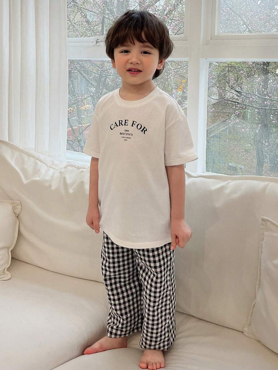 Toddler Boys Round Neck Letter Print Short Sleeve Knit T-Shirt & Woven Plaid Pants White
