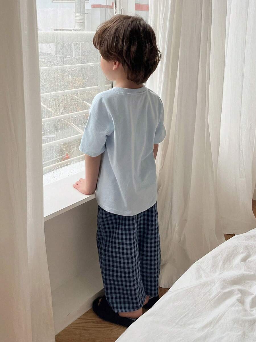 Toddler Boys Round Neck Letter Print Short Sleeve Knit T-Shirt & Woven Plaid Pants