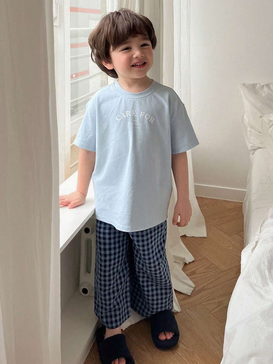 Toddler Boys Round Neck Letter Print Short Sleeve Knit T-Shirt & Woven Plaid Pants Baby Blue