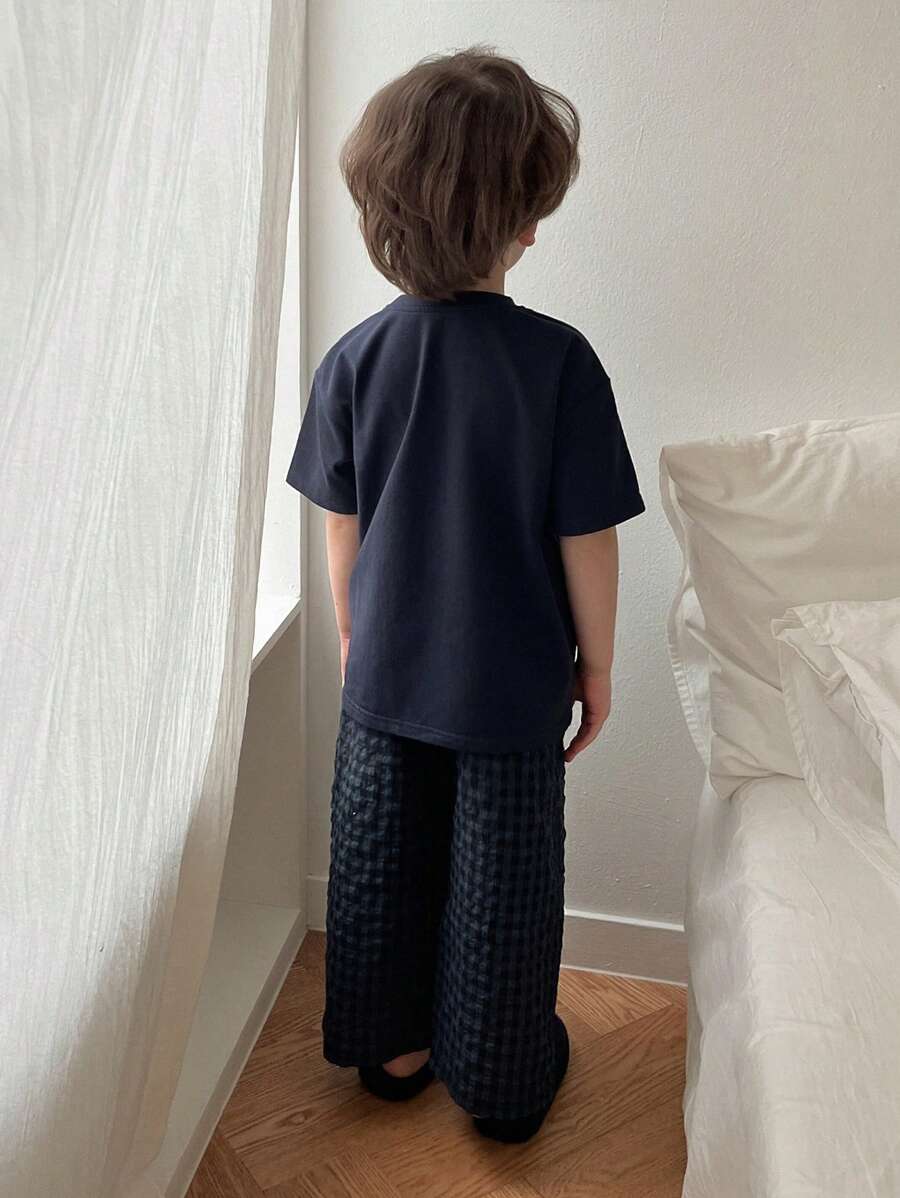 Toddler Boys Round Neck Letter Print Short Sleeve Knit T-Shirt & Woven Plaid Pants