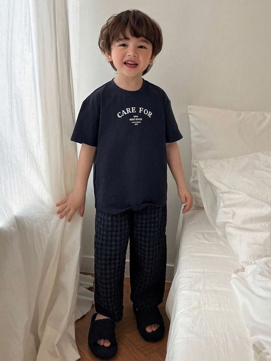 Toddler Boys Round Neck Letter Print Short Sleeve Knit T-Shirt & Woven Plaid Pants