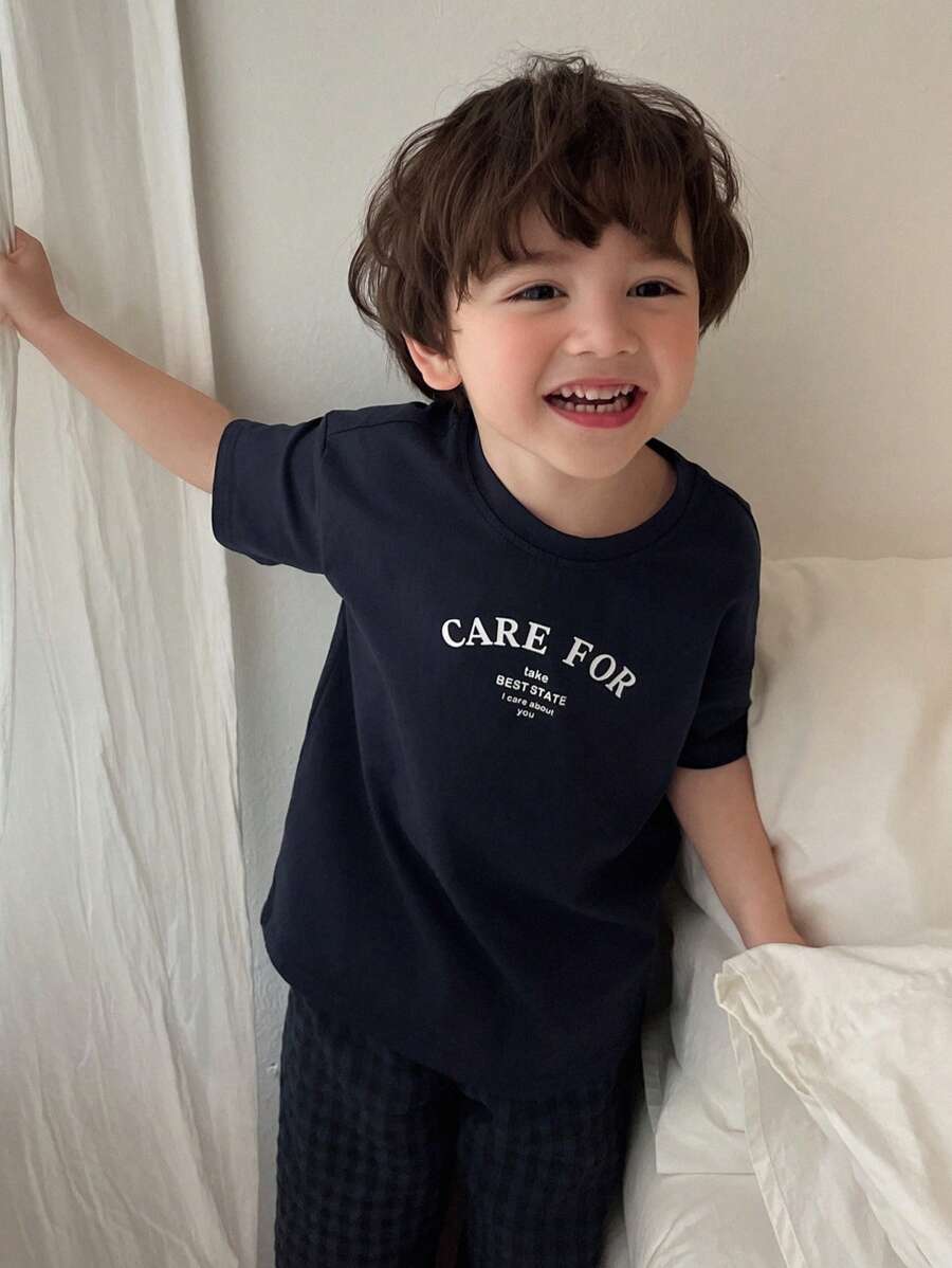 Toddler Boys Round Neck Letter Print Short Sleeve Knit T-Shirt & Woven Plaid Pants Navy Blue